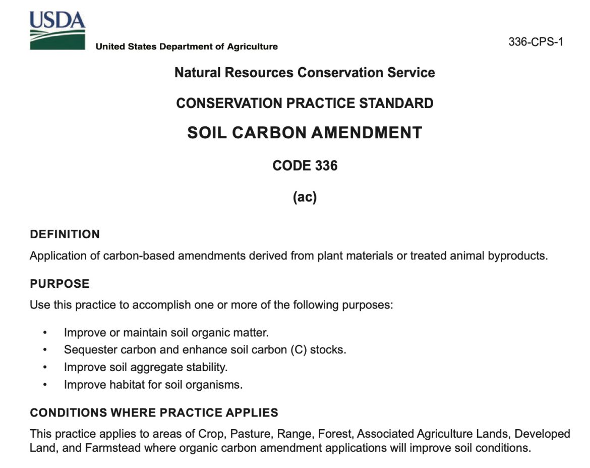 screenshot of NRCS Conservation Practice Standard for Soil Carbon Amendments, Code 336