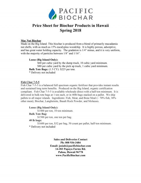 biochar price sheet for Hawaii