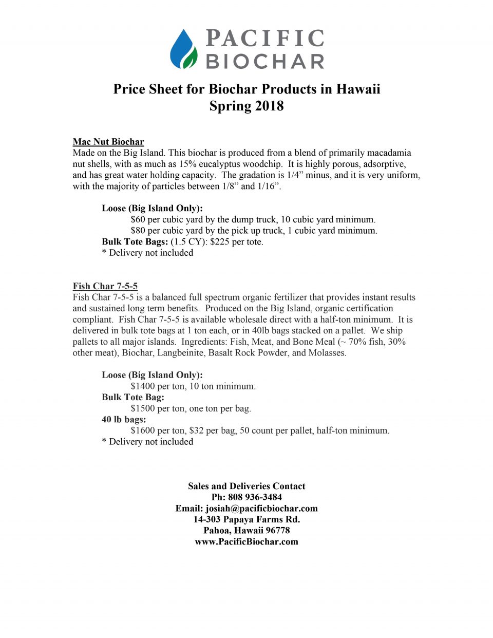 biochar price sheet for Hawaii